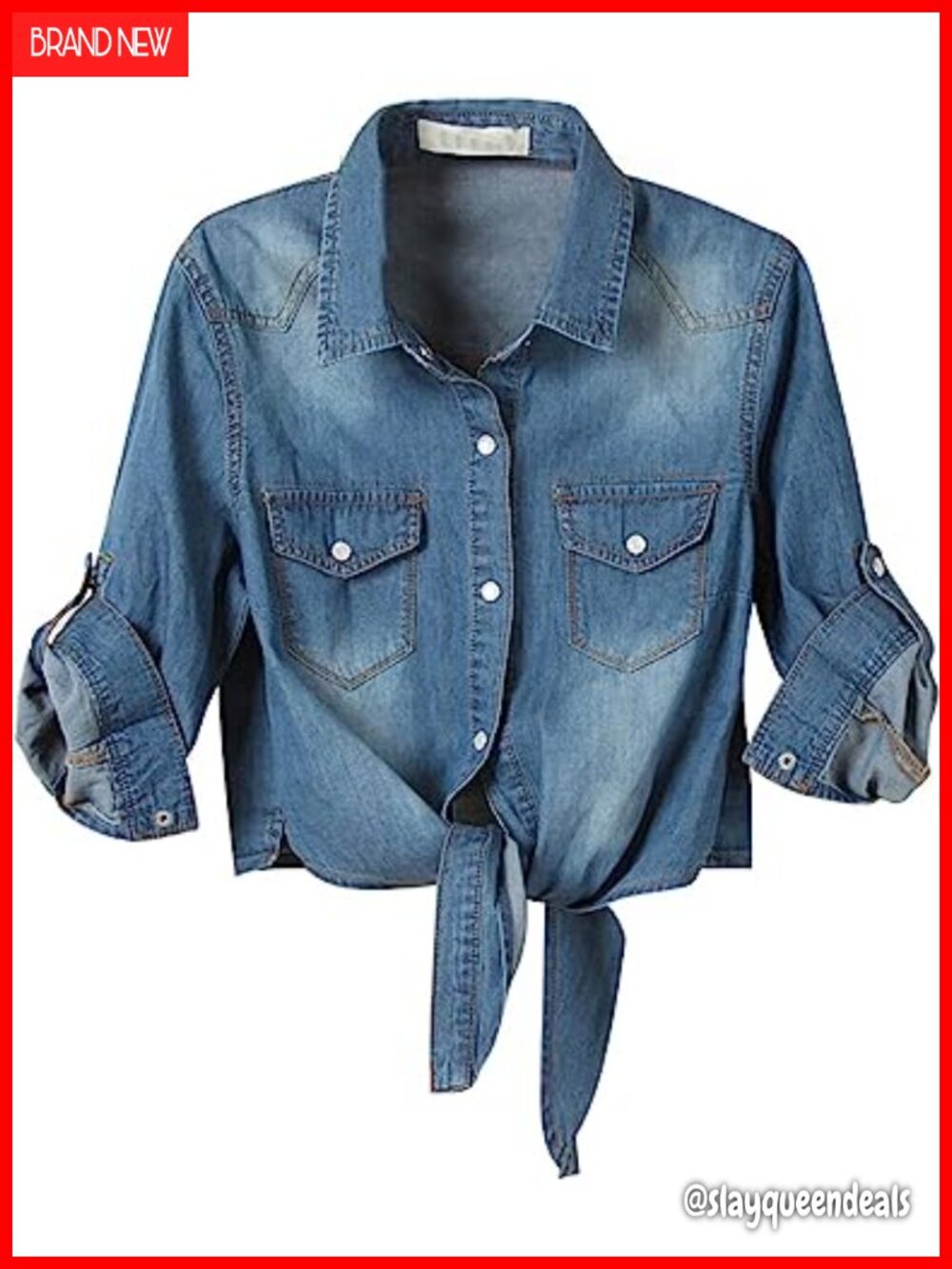 Women's Modern Denim Chambray Crop Button-Down Shirt with Tie Front 3/4 Sleeve